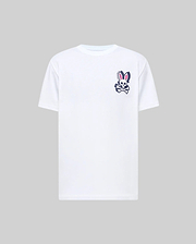 White Mens Psycho Skull Graphic Tee, classic fit, smooth jersey fabric, featuring a small left chest graphic of the navy and pink Psycho Bunny skull and crossbones logo with vertical branding.