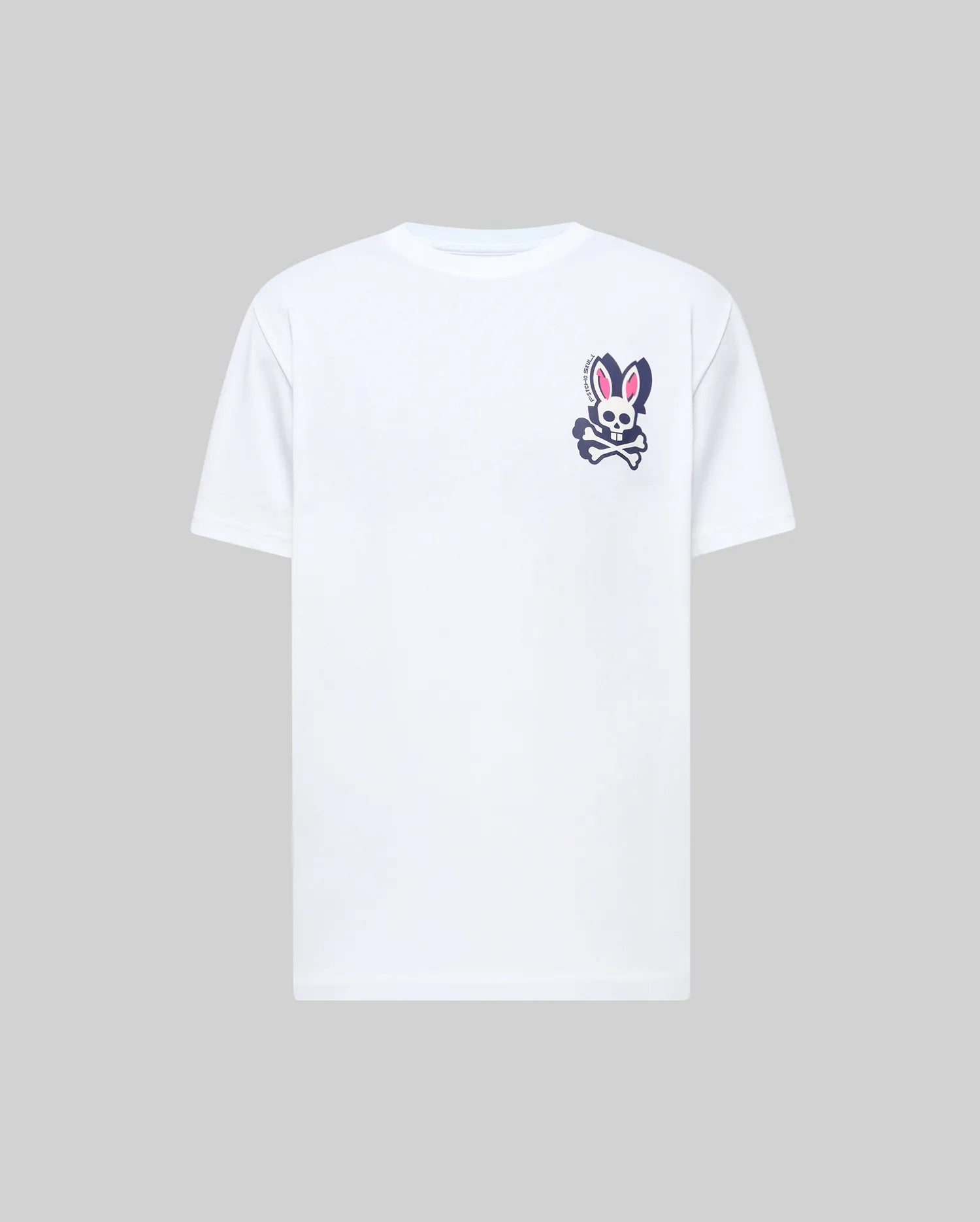 White Mens Psycho Skull Graphic Tee, classic fit, smooth jersey fabric, featuring a small left chest graphic of the navy and pink Psycho Bunny skull and crossbones logo with vertical branding.