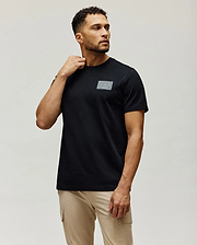 Black Mens Jarvis Chest Graphic Tee, a classic fit jersey t-shirt, featuring a rectangular grey graphic print with multiple iconic Psycho Bunny skull logos on the chest.