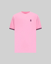 Mens Clark Performance Tee in bright pink jersey knit, featuring a classic fit, small embroidered purple Psycho Bunny skull logo on the left chest, and ribbed sleeve cuffs with dark blue stripes.