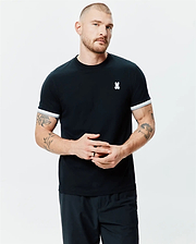 Mens Holden Tee, a classic fit black jersey t-shirt featuring white striped sleeve cuffs and a small embroidered Psycho Bunny skull logo on the left chest.