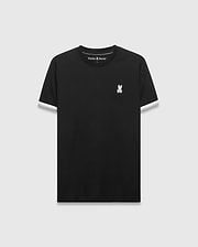 Mens Holden Tee, black classic fit jersey t-shirt with white ribbed sleeve cuffs and a small embroidered white Psycho Bunny skull logo on the left chest.