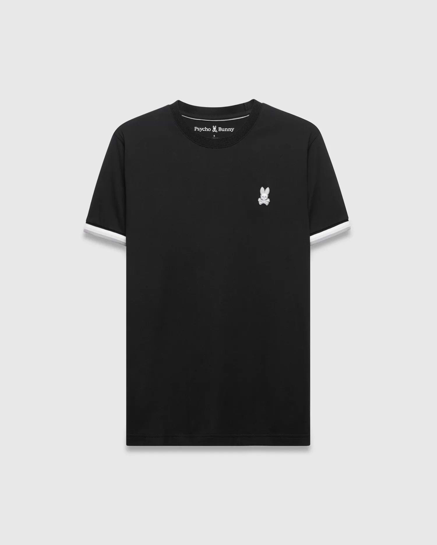 Mens Holden Tee, black classic fit jersey t-shirt with white ribbed sleeve cuffs and a small embroidered white Psycho Bunny skull logo on the left chest.