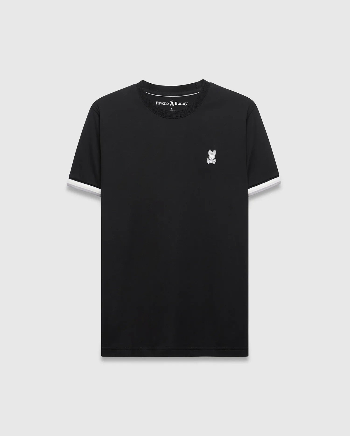 Mens Holden Tee, black classic fit jersey t-shirt with white ribbed sleeve cuffs and a small embroidered white Psycho Bunny skull logo on the left chest.