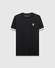 Mens Holden Tee, black classic fit jersey t-shirt with white ribbed sleeve cuffs and a small embroidered white Psycho Bunny skull logo on the left chest.