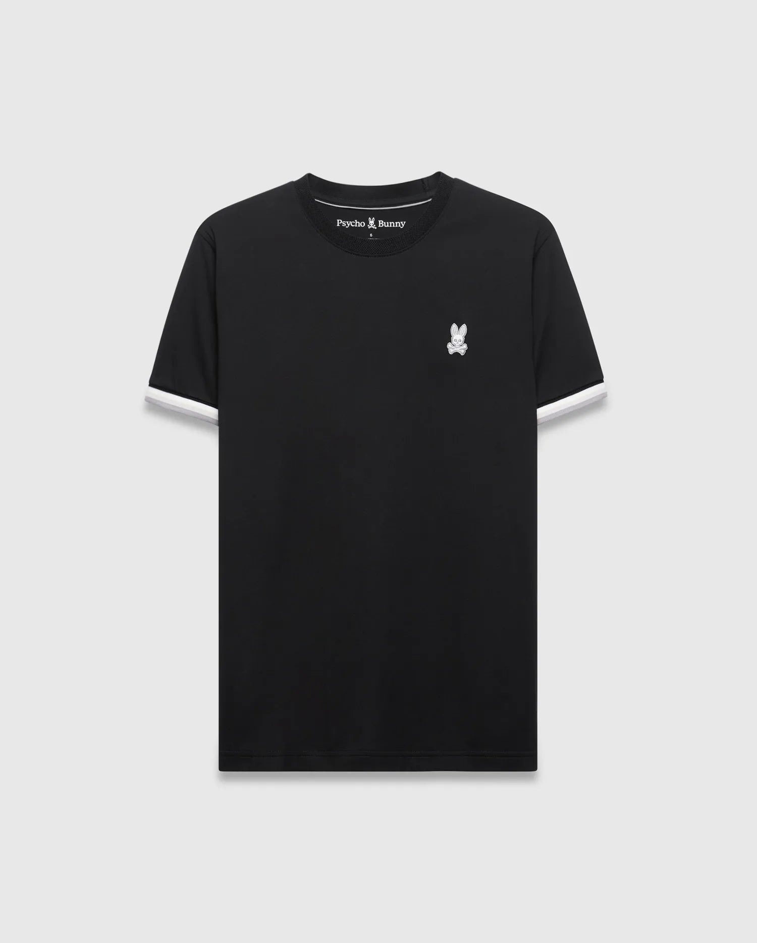 Mens Holden Tee, black classic fit jersey t-shirt with white ribbed sleeve cuffs and a small embroidered white Psycho Bunny skull logo on the left chest.