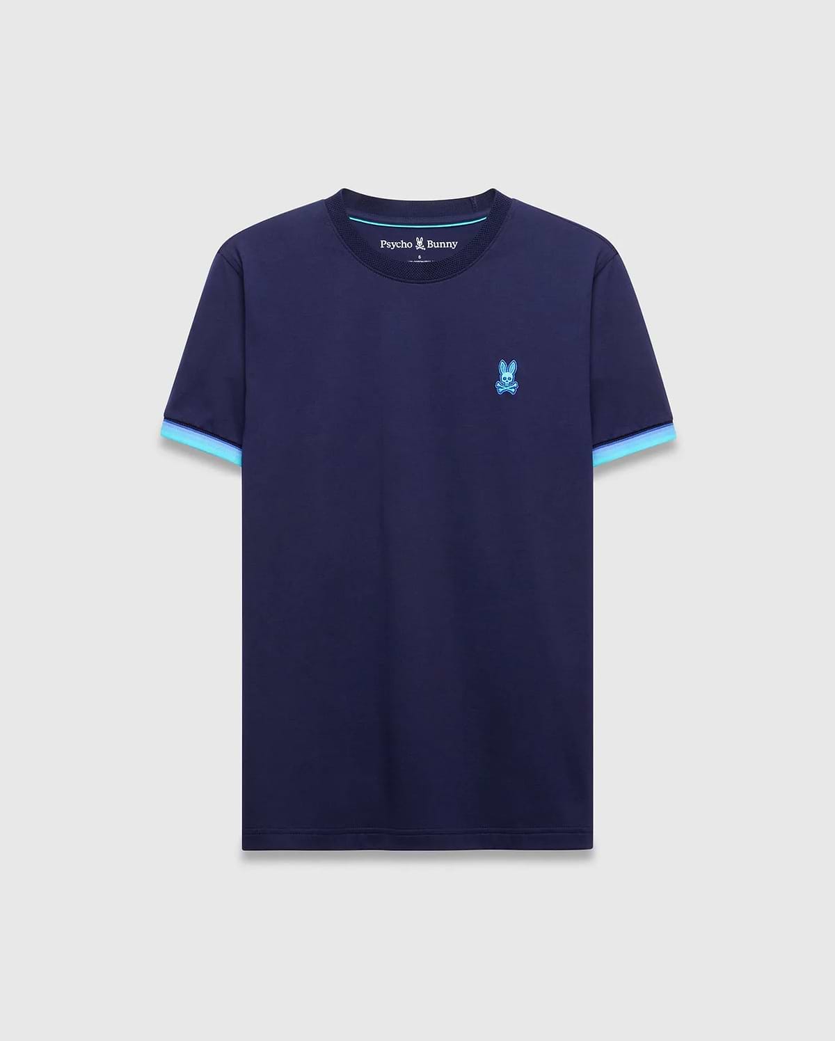 Mens Holden Tee, a navy blue classic fit jersey t-shirt with light blue striped sleeve cuffs and neck trim, featuring a small embroidered Psycho Bunny skull logo on the left chest. (5)