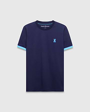 Mens Holden Tee, a navy blue classic fit jersey t-shirt with light blue striped sleeve cuffs and neck trim, featuring a small embroidered Psycho Bunny skull logo on the left chest. (5)