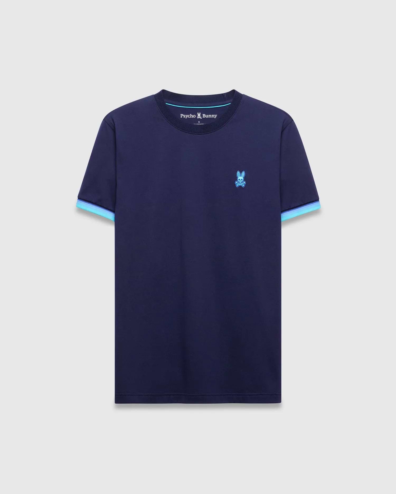 Mens Holden Tee, a navy blue classic fit jersey t-shirt with light blue striped sleeve cuffs and neck trim, featuring a small embroidered Psycho Bunny skull logo on the left chest. (5)