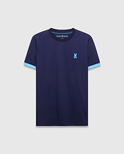 Mens Holden Tee, a navy blue classic fit jersey t-shirt with light blue striped sleeve cuffs and neck trim, featuring a small embroidered Psycho Bunny skull logo on the left chest. (5)