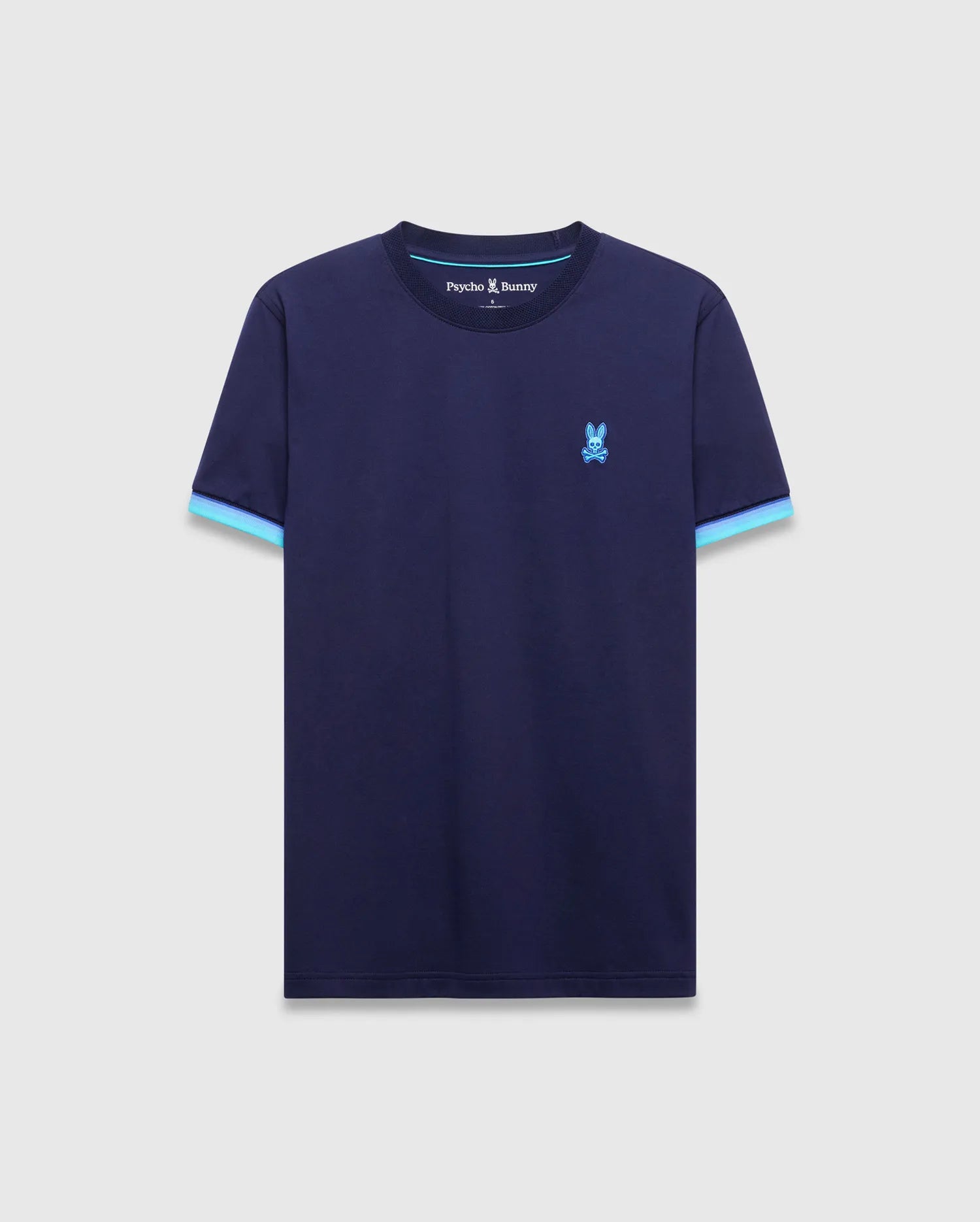 Mens Holden Tee, a navy blue classic fit jersey t-shirt with light blue striped sleeve cuffs and neck trim, featuring a small embroidered Psycho Bunny skull logo on the left chest. (5)