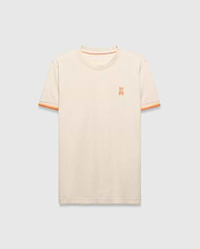 Cream Mens Holden Tee, a classic fit jersey knit t-shirt featuring a small embroidered orange Psycho Bunny skull logo on the left chest and orange striped ribbed sleeve cuffs.