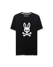 Mens Emmanuel Pima Cotton Graphic Tee, black classic fit t-shirt featuring a large white distressed Psycho Bunny skull and crossbones graphic on the chest, smooth jersey fabric, and a small embroidered logo at the back neckline.