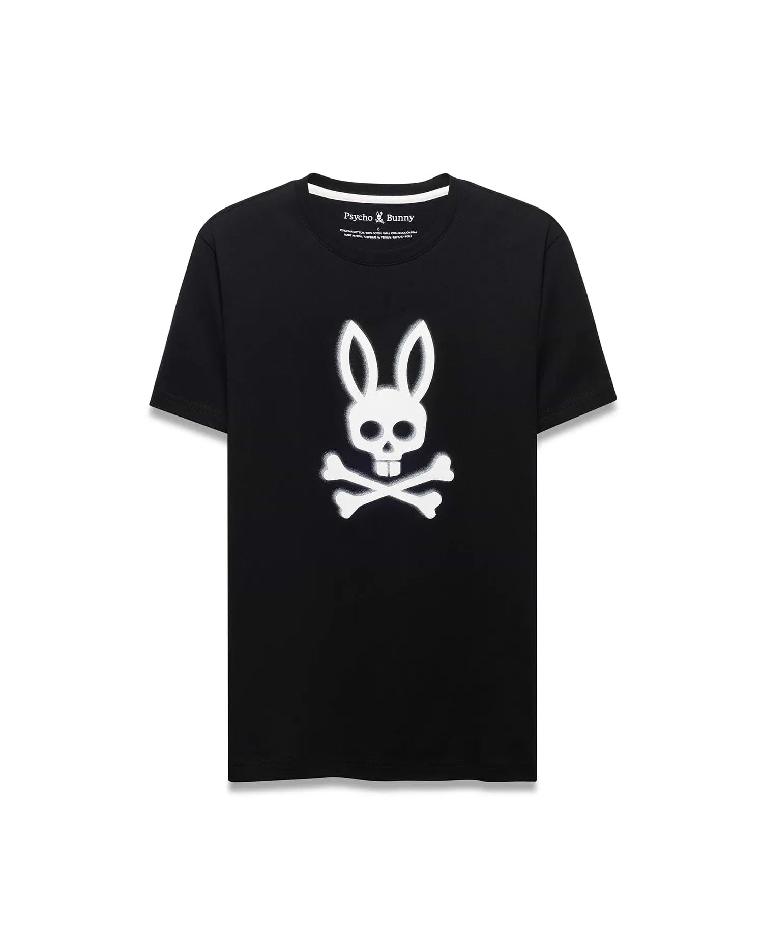 Mens Emmanuel Pima Cotton Graphic Tee, black classic fit t-shirt featuring a large white distressed Psycho Bunny skull and crossbones graphic on the chest, smooth jersey fabric, and a small embroidered logo at the back neckline.