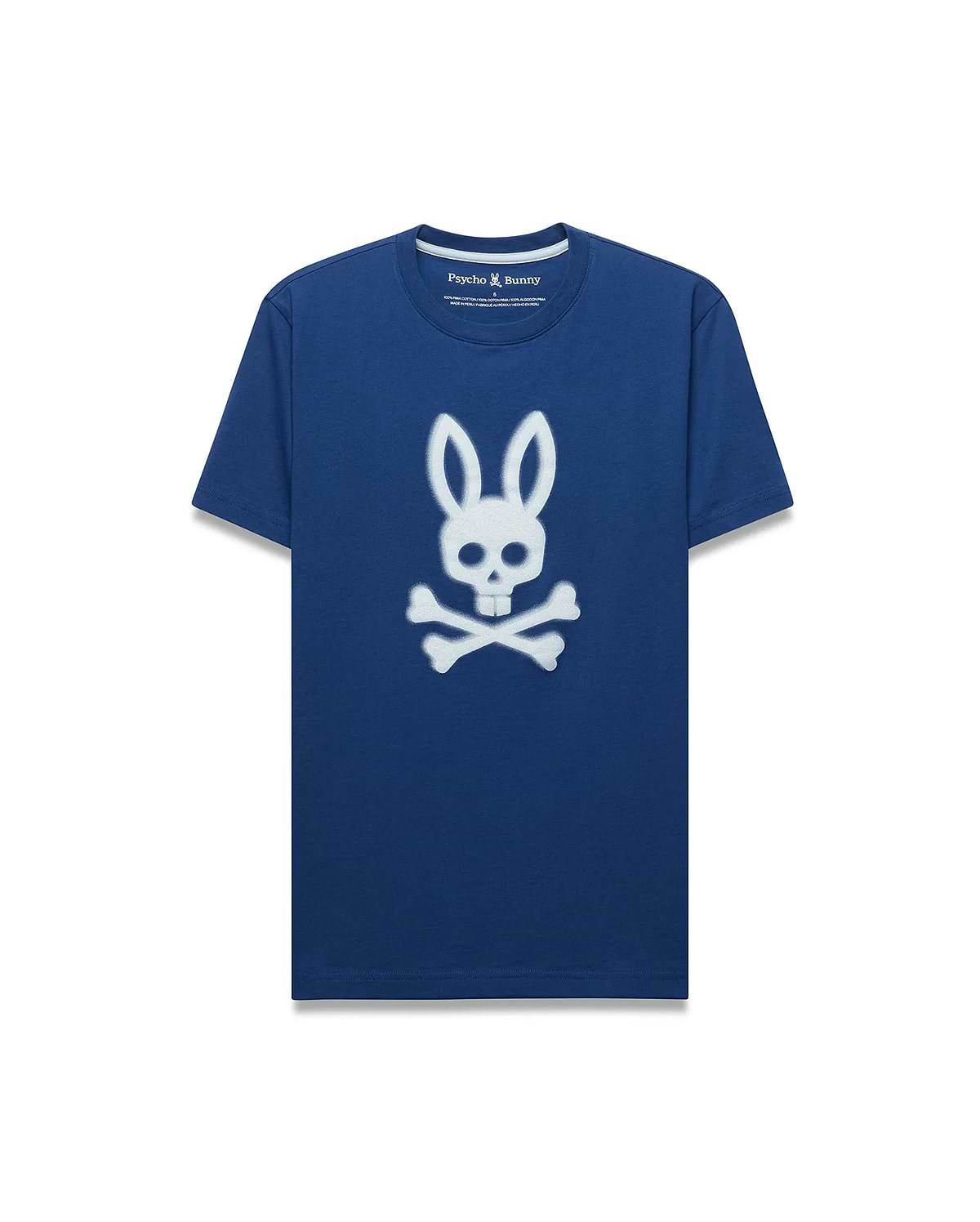 Mens Emmanuel Graphic Tee, a classic fit navy blue jersey t-shirt featuring a large, distressed white Psycho Bunny skull and crossbones graphic prominently on the chest.
