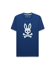 Mens Emmanuel Graphic Tee, a classic fit navy blue jersey t-shirt featuring a large, distressed white Psycho Bunny skull and crossbones graphic prominently on the chest.