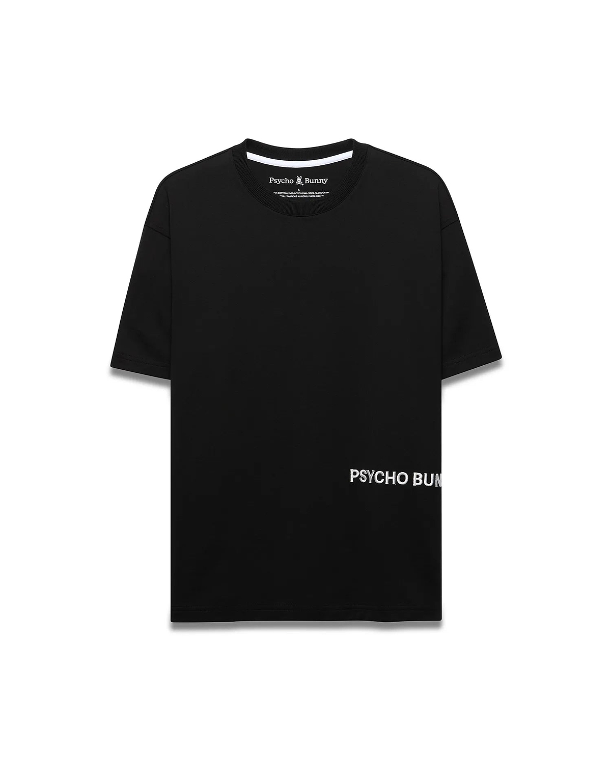 Mens Haiden Relaxed Heavy Weight Tee in black heavyweight jersey, with a small embroidered Psycho Bunny skull logo on the left chest, large white PSYCHO BUNNY text print on the lower right, and white neck tape.