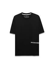 Mens Haiden Relaxed Heavy Weight Tee in black heavyweight jersey, with a small embroidered Psycho Bunny skull logo on the left chest, large white PSYCHO BUNNY text print on the lower right, and white neck tape.