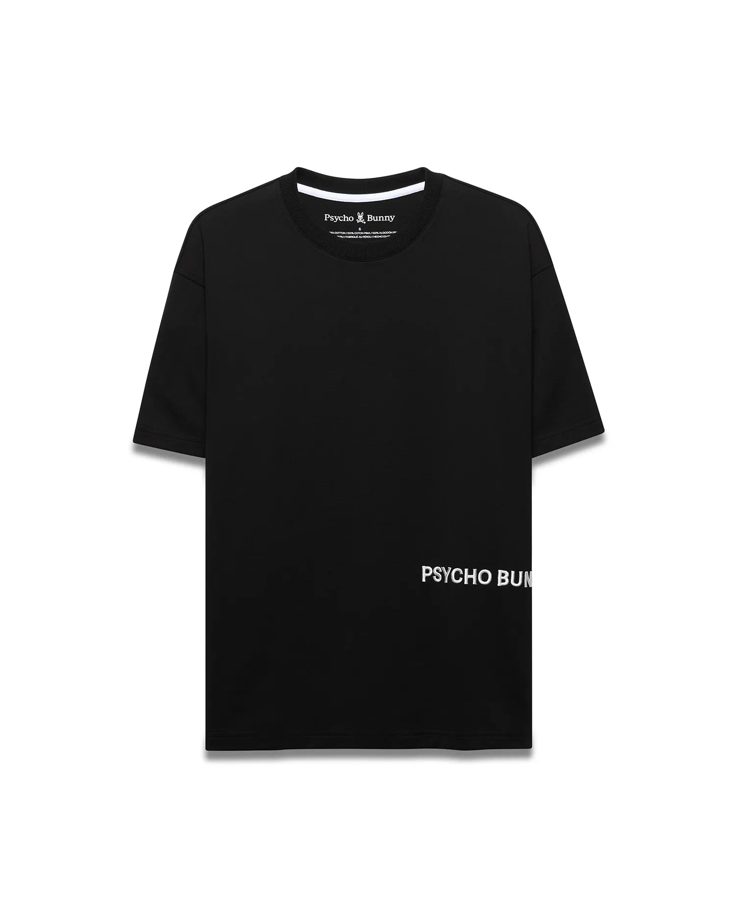 Mens Haiden Relaxed Heavy Weight Tee in black heavyweight jersey, with a small embroidered Psycho Bunny skull logo on the left chest, large white PSYCHO BUNNY text print on the lower right, and white neck tape.