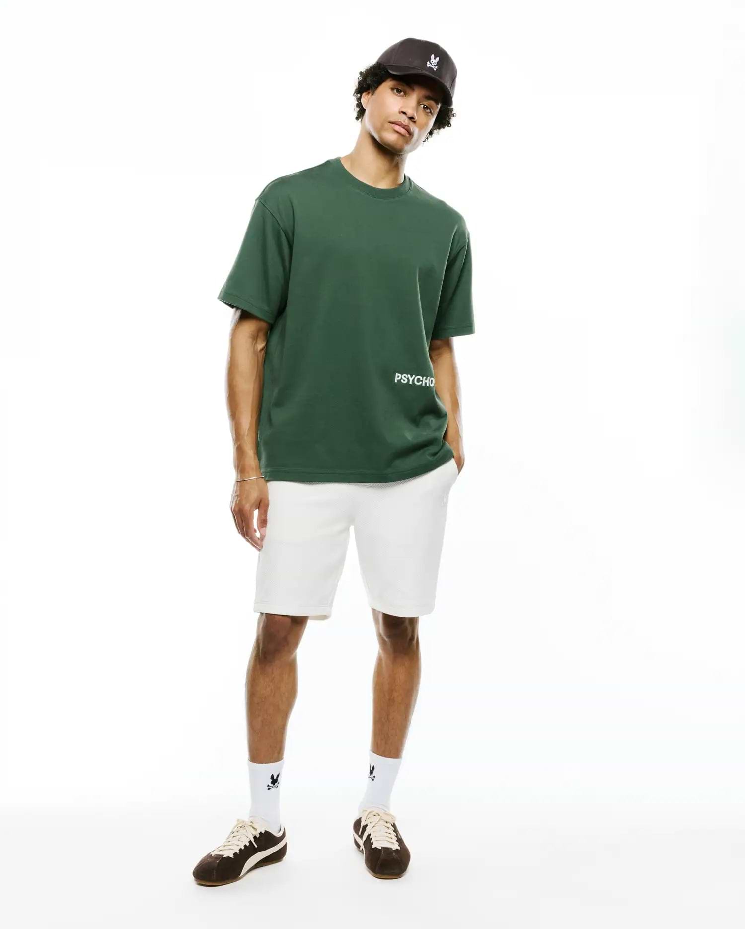 Dark green Mens Haiden Relaxed Heavy Weight Tee with a relaxed fit, featuring white PSYCHO text on the left chest, crafted from smooth, heavy jersey fabric. (4)