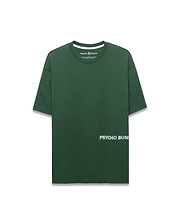 Mens Haiden Relaxed Heavy Weight Tee in dark green jersey, featuring a small embroidered Psycho Bunny skull logo on the left chest and large white PSYCHO BUNNY text printed vertically on the lower left front. (5)