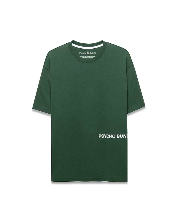 Mens Haiden Relaxed Heavy Weight Tee in dark green jersey, featuring a small embroidered Psycho Bunny skull logo on the left chest and large white PSYCHO BUNNY text printed vertically on the lower left front. (5)