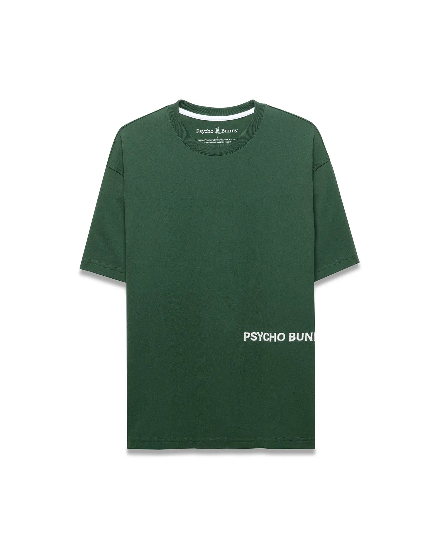 Mens Haiden Relaxed Heavy Weight Tee in dark green jersey, featuring a small embroidered Psycho Bunny skull logo on the left chest and large white PSYCHO BUNNY text printed vertically on the lower left front. (5)