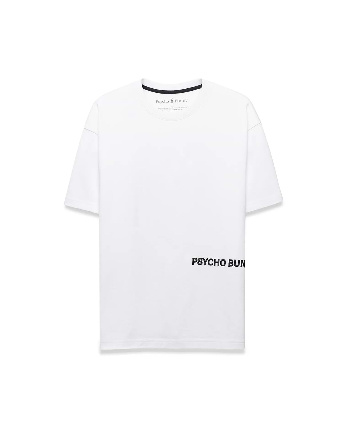 Mens Haiden Relaxed Heavy Weight Tee, a white relaxed fit heavy weight jersey t-shirt featuring black inner neck tape, small Psycho Bunny neck label logo, and large black PSYCHO BUNNY graphic on lower right front.