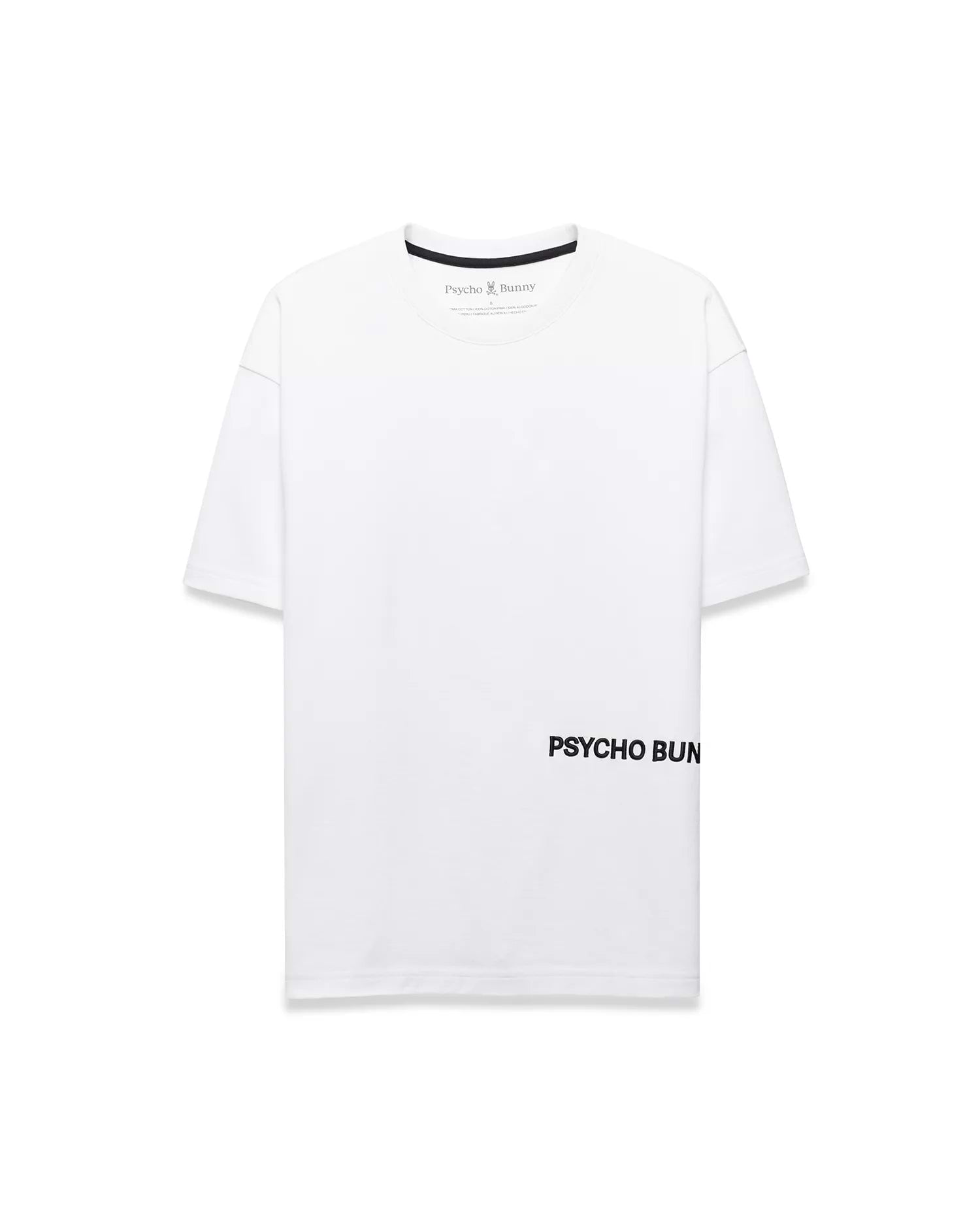 Mens Haiden Relaxed Heavy Weight Tee, a white relaxed fit heavy weight jersey t-shirt featuring black inner neck tape, small Psycho Bunny neck label logo, and large black PSYCHO BUNNY graphic on lower right front.