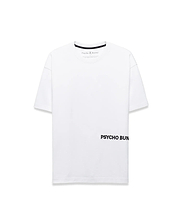 Mens Haiden Relaxed Heavy Weight Tee, a white relaxed fit heavy weight jersey t-shirt featuring black inner neck tape, small Psycho Bunny neck label logo, and large black PSYCHO BUNNY graphic on lower right front.