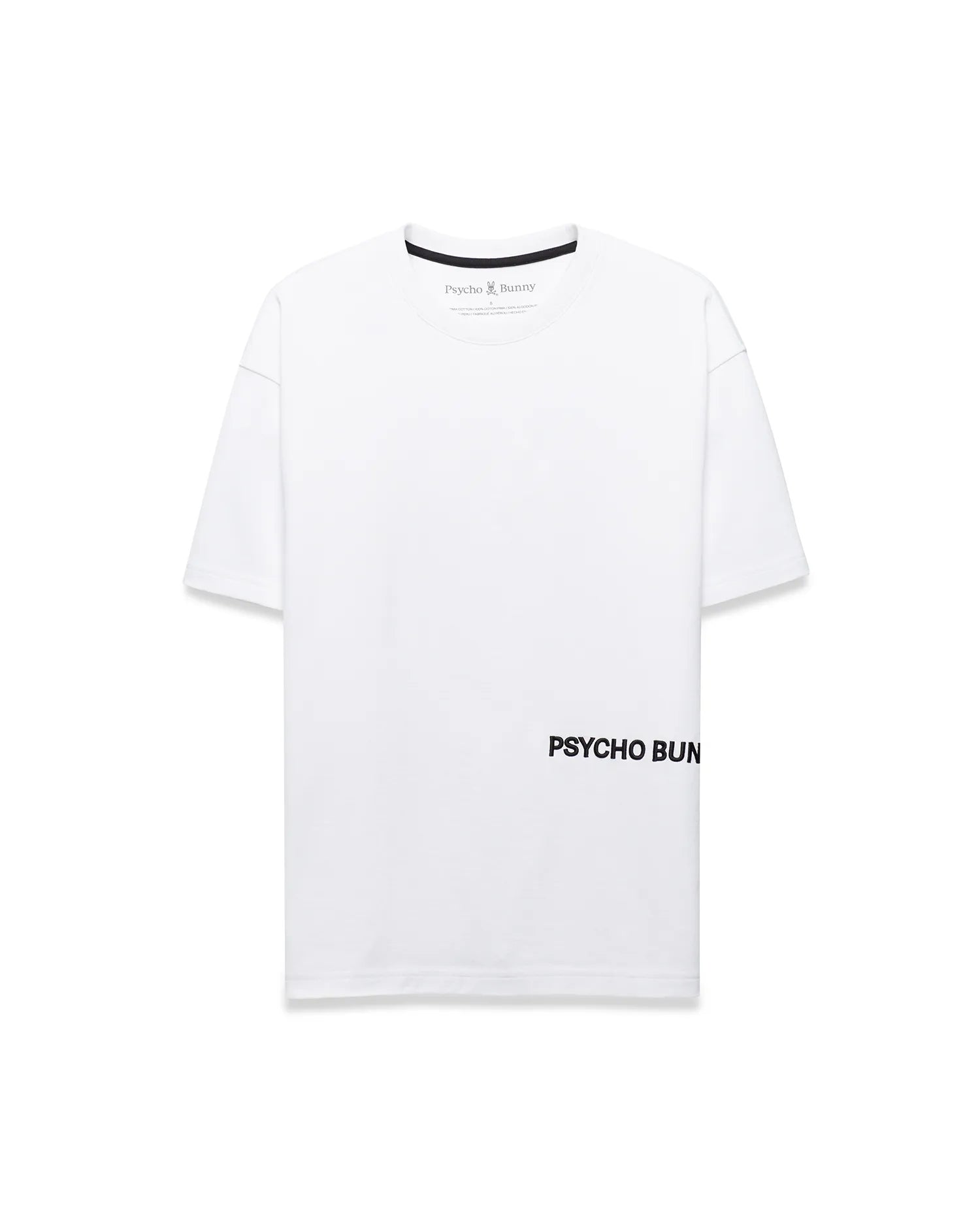Mens Haiden Relaxed Heavy Weight Tee, a white relaxed fit heavy weight jersey t-shirt featuring black inner neck tape, small Psycho Bunny neck label logo, and large black PSYCHO BUNNY graphic on lower right front.