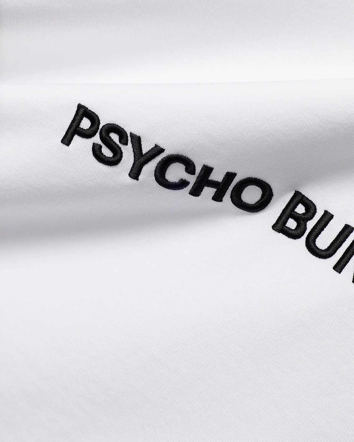 White Mens Haiden Relaxed Heavy Weight Tee, a heavy jersey knit, featuring prominent black embroidered PSYCHO BUNNY text diagonally across the front.