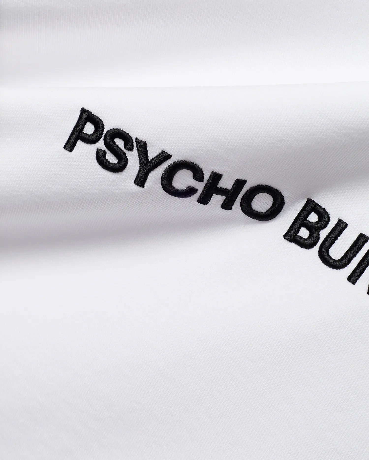 White Mens Haiden Relaxed Heavy Weight Tee, a heavy jersey knit, featuring prominent black embroidered PSYCHO BUNNY text diagonally across the front.
