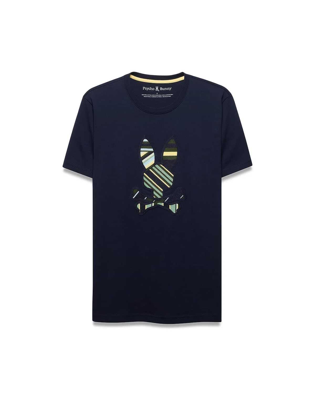 Mens Drew Embroidered Graphic Tee, a navy classic fit jersey t-shirt with a large, center chest embroidered Psycho Bunny skull logo featuring bold green, yellow, and white stripes, and a yellow inner collar trim.