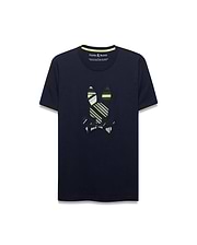 Mens Drew Embroidered Graphic Tee, a navy classic fit jersey t-shirt with a large, center chest embroidered Psycho Bunny skull logo featuring bold green, yellow, and white stripes, and a yellow inner collar trim.