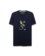 Mens Drew Embroidered Graphic Tee, a navy classic fit jersey t-shirt with a large, center chest embroidered Psycho Bunny skull logo featuring bold green, yellow, and white stripes, and a yellow inner collar trim.