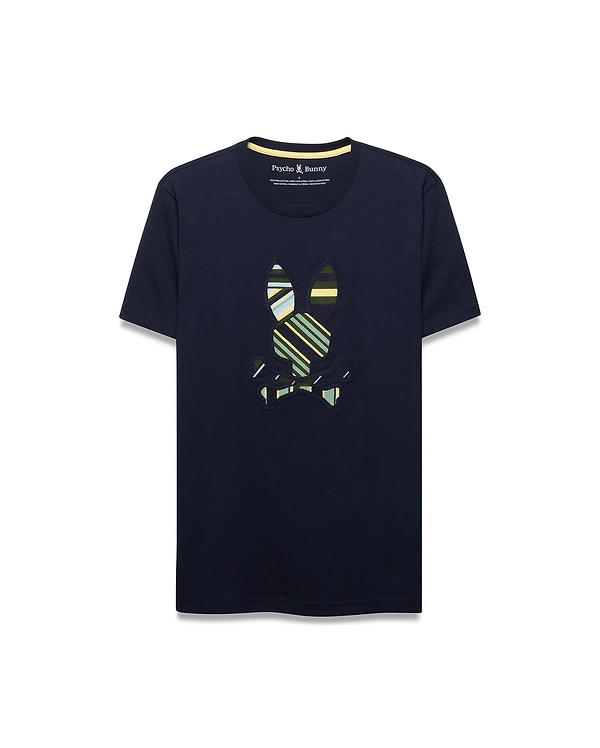Mens Drew Embroidered Graphic Tee, a navy classic fit jersey t-shirt with a large, center chest embroidered Psycho Bunny skull logo featuring bold green, yellow, and white stripes, and a yellow inner collar trim.