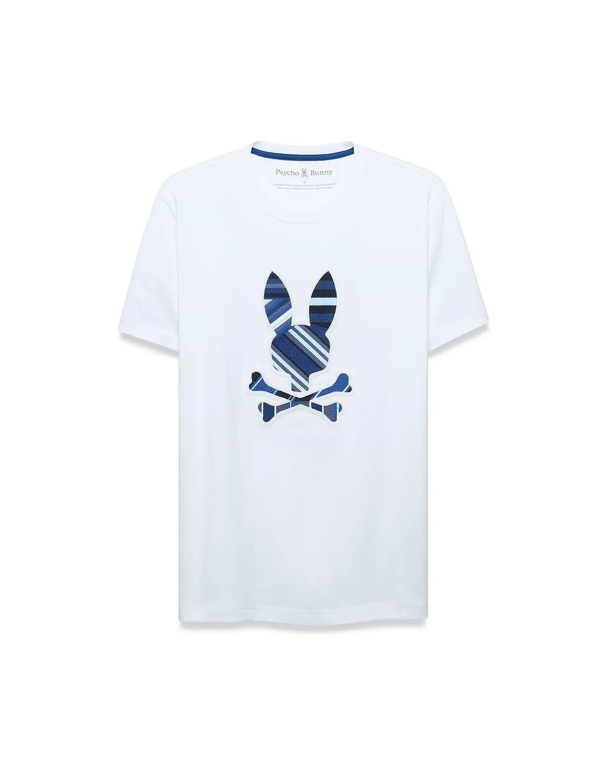 Mens Drew Embroidered Graphic Tee, a classic fit white jersey t-shirt featuring a large center chest Psycho Bunny skull logo with blue, navy, and light blue plaid stripes, outlined in white.