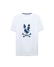 Mens Drew Embroidered Graphic Tee, a classic fit white jersey t-shirt featuring a large center chest Psycho Bunny skull logo with blue, navy, and light blue plaid stripes, outlined in white.