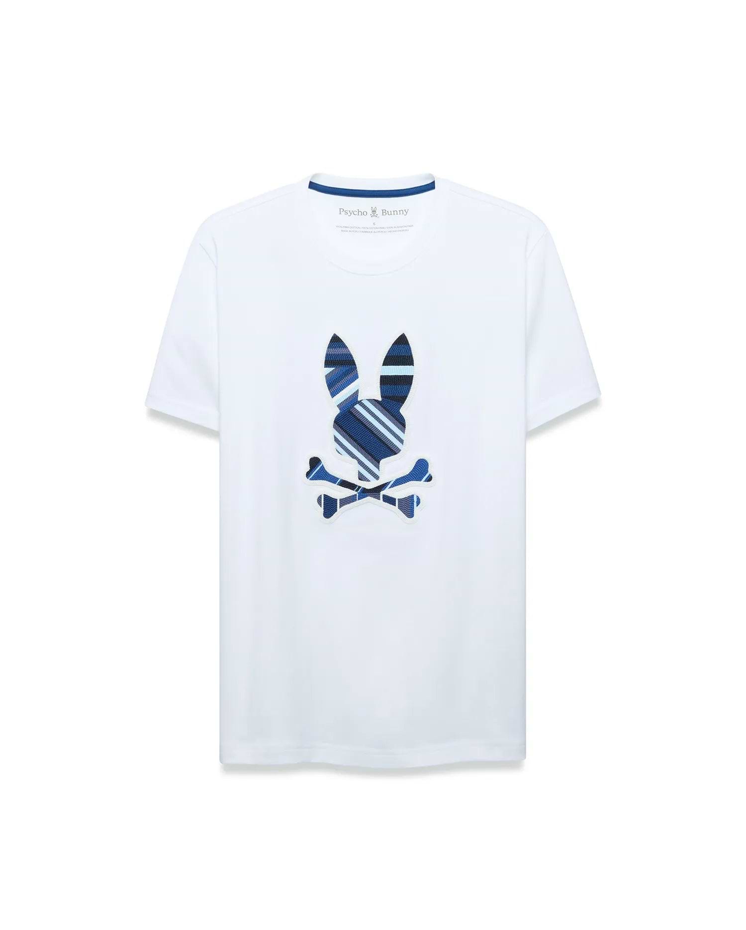 Mens Drew Embroidered Graphic Tee, a classic fit white jersey t-shirt featuring a large center chest Psycho Bunny skull logo with blue, navy, and light blue plaid stripes, outlined in white.