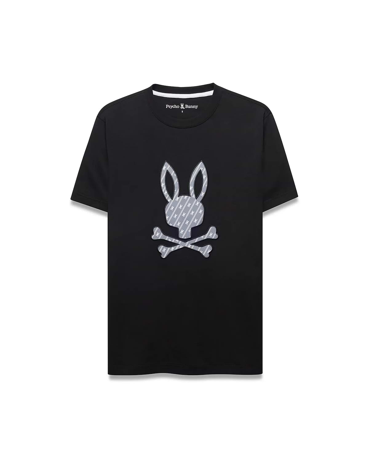 Black classic fit jersey knit T-shirt featuring a large central grey Psycho Bunny skull graphic filled with a repeating mini-bunny pattern, plus a white inner collar stripe. Mens Jaden Appliqué Graphic Tee.
