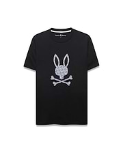 Black classic fit jersey knit T-shirt featuring a large central grey Psycho Bunny skull graphic filled with a repeating mini-bunny pattern, plus a white inner collar stripe. Mens Jaden Appliqué Graphic Tee.