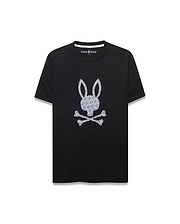 Black classic fit jersey knit T-shirt featuring a large central grey Psycho Bunny skull graphic filled with a repeating mini-bunny pattern, plus a white inner collar stripe. Mens Jaden Appliqué Graphic Tee.