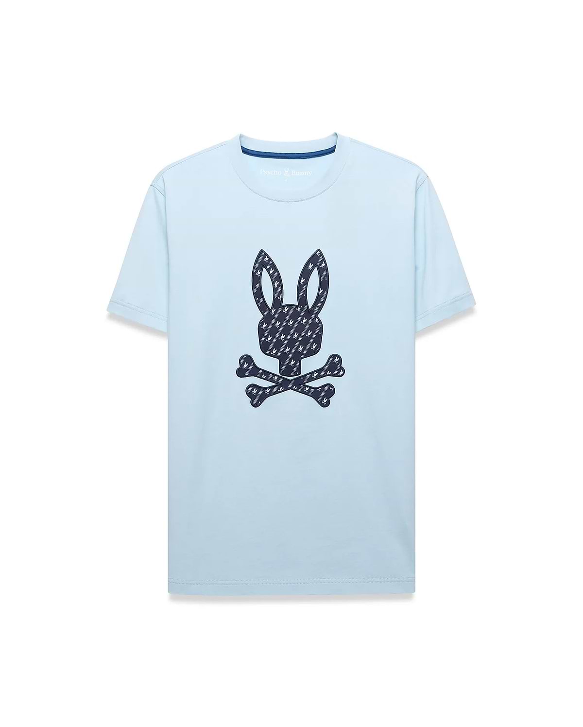 Mens Jaden Graphic Tee, a light blue classic fit jersey t-shirt featuring a large central dark blue Psycho Bunny skull logo graphic filled with a repeating mini-logo pattern, with subtle inner collar branding.