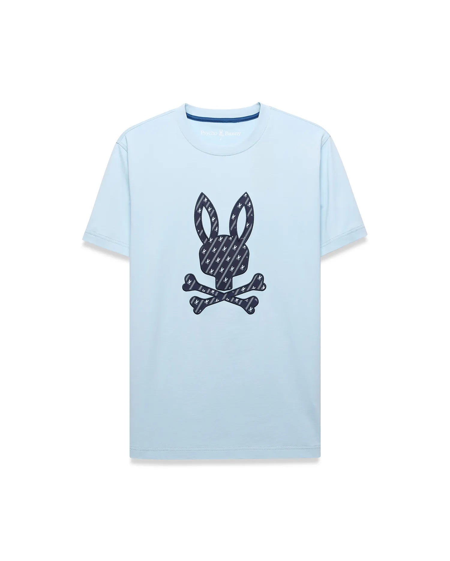 Mens Jaden Graphic Tee, a light blue classic fit jersey t-shirt featuring a large central dark blue Psycho Bunny skull logo graphic filled with a repeating mini-logo pattern, with subtle inner collar branding.