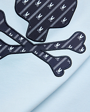 Mens Jaden Graphic Tee in light blue jersey knit, featuring a large navy blue skull and crossbones graphic with white Psycho Bunny logo and checkered stripe pattern, outlined in black embroidery.
