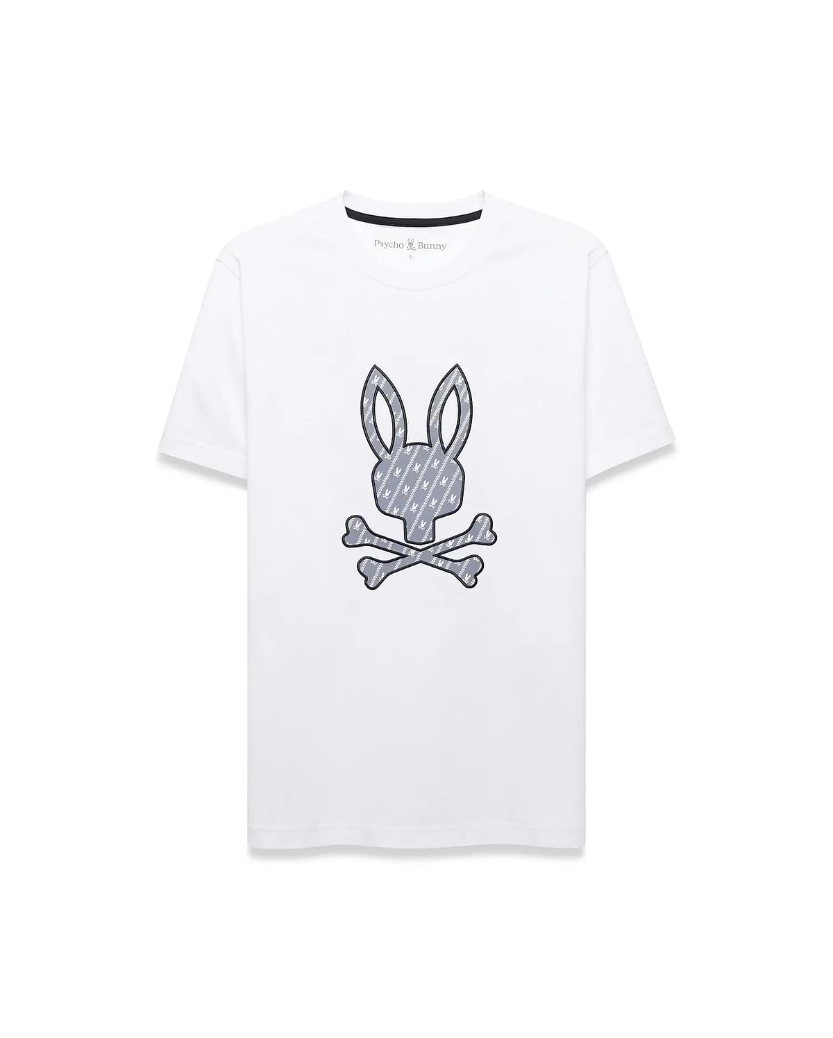 Mens Jaden Appliqué Graphic Tee, a classic fit white jersey t-shirt with a large central grey bunny skull logo, outlined in black and filled with a repeating mini bunny skull pattern.