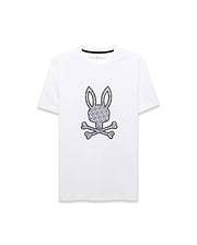 Mens Jaden Appliqué Graphic Tee, a classic fit white jersey t-shirt with a large central grey bunny skull logo, outlined in black and filled with a repeating mini bunny skull pattern.