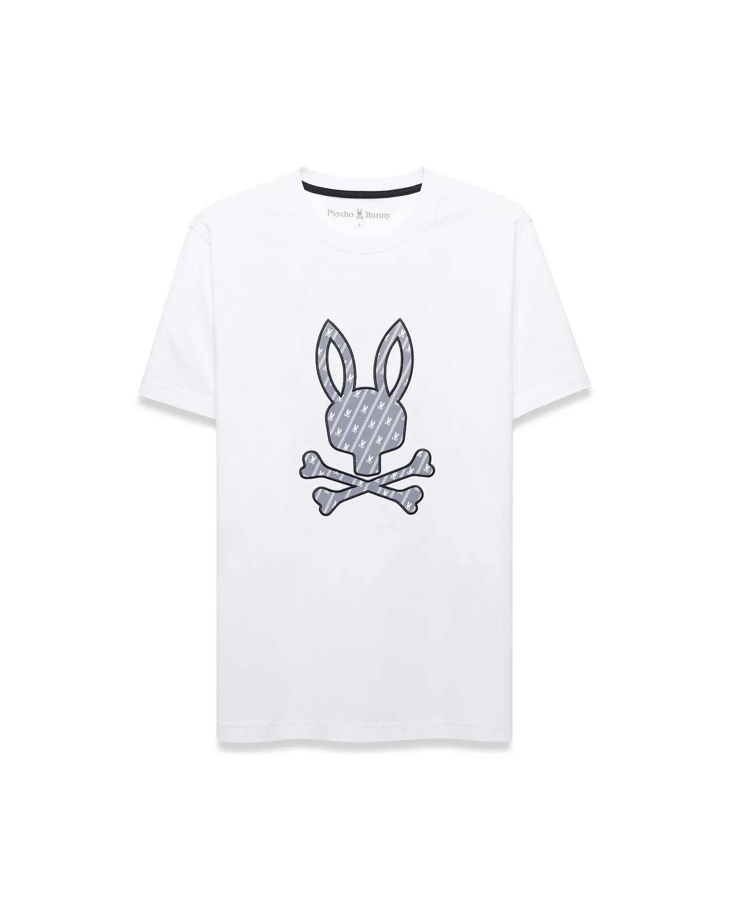Mens Jaden Appliqué Graphic Tee, a classic fit white jersey t-shirt with a large central grey bunny skull logo, outlined in black and filled with a repeating mini bunny skull pattern.