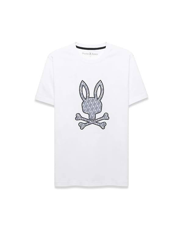 Mens Jaden Appliqué Graphic Tee, a classic fit white jersey t-shirt with a large central grey bunny skull logo, outlined in black and filled with a repeating mini bunny skull pattern.